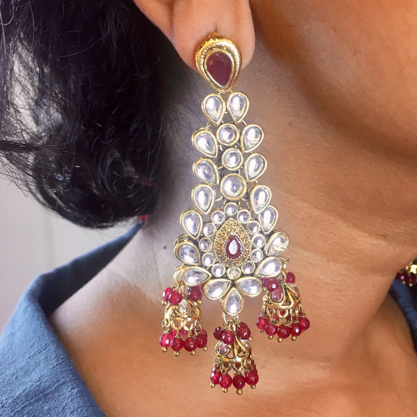 Burgundy Drop Kundan Earrings