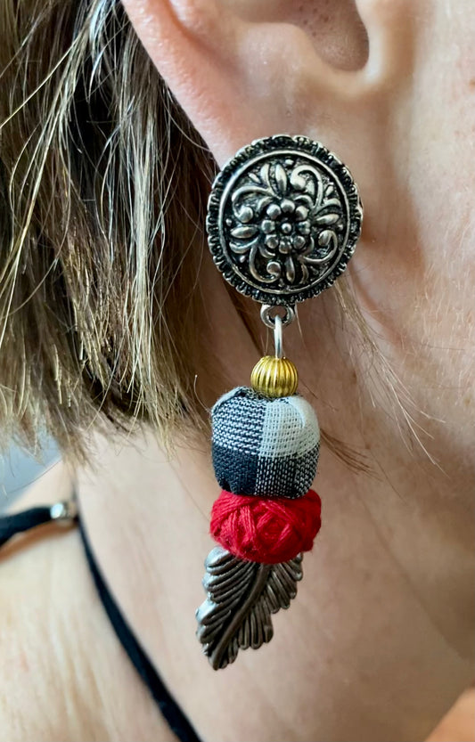 Plaid Silver Feather Earrings